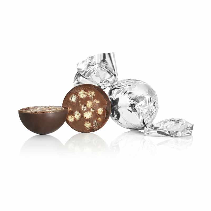 Se Fyldte chokoladekugler m/ crisp kerne - Sølv - 1 kg hos Cocoture.dk