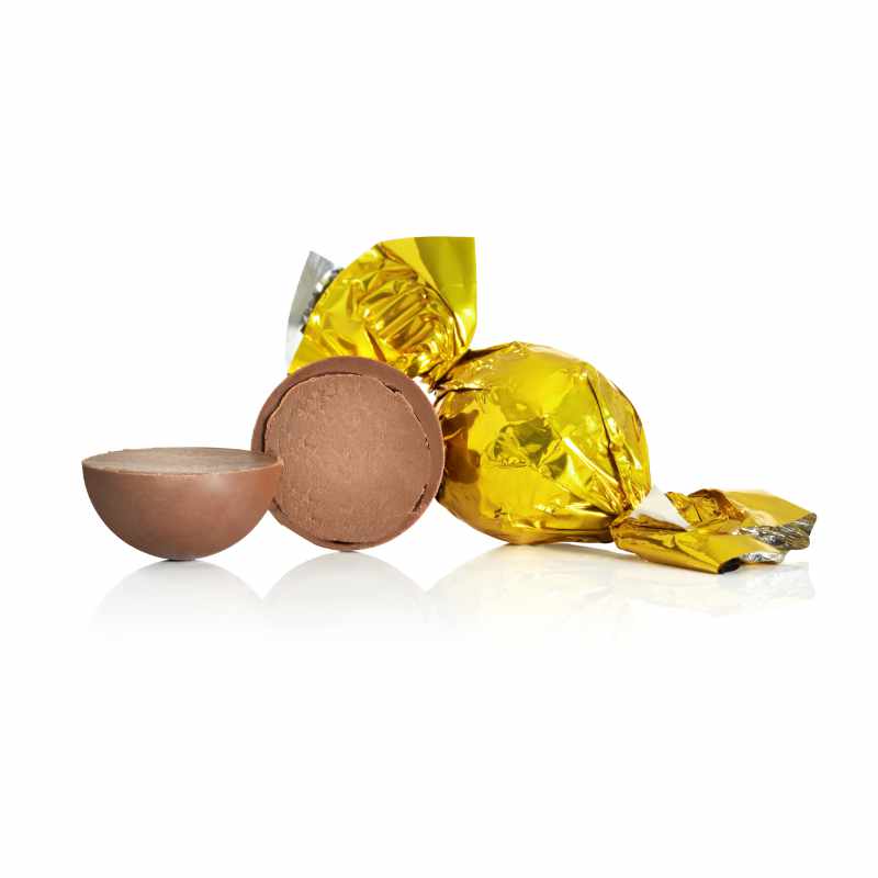 Se Fyldte chokoladekugler m/ karamel - Solgul - 1 kg hos Cocoture.dk