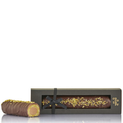 Kæmpe dubai-marcipanbrød med pistacie og nougatkerne i sort æske - 500g