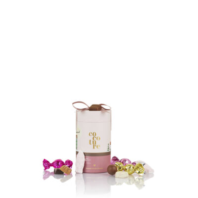 Cocoture fyldte chokoladekugler, konfektstykker og skum julemænd i lyserødt gaverør - 250g