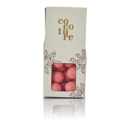 Lyserøde chokoladekugler med flydende hindbær i grå Cocoture æske - 90g
