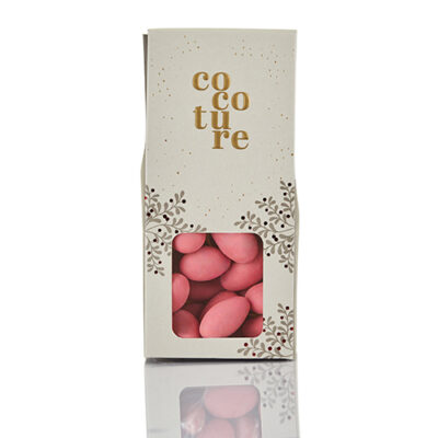 Lyserøde mandler med hvid chokolade og champagne i grå Cocoture æske - 90g