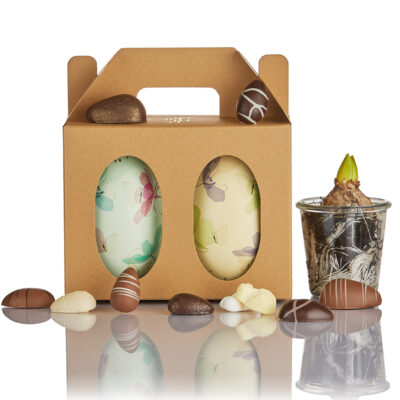 2 metal-påskeæg i gaveæske med chokolade fra Cocoture – 575g